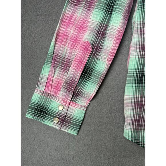 Wrangler Shirt Women L Pink Green Flannel Pearl Snap Western Cowgirl Rodeo Ranch - Picture 9 of 12
